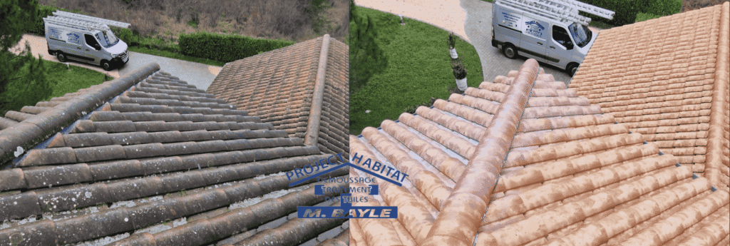 Démoussage et traitement hydrofuge de toiture avant / après à Gleizé (Rhône)